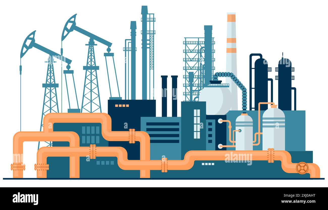 Industrie pétrolière et gazière. Pipelines et pompes. Ressources énergétiques. Industrie des produits combustibles. Production d'essence Illustration de Vecteur