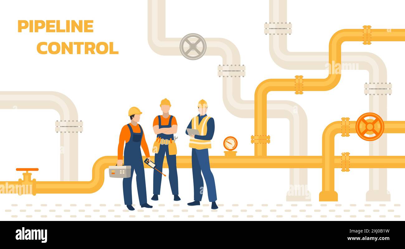 Travailleurs du pétrole et du gaz. Ingénieurs oléoducs. Pipelines et pompes. Ressources énergétiques. Industrie des produits combustibles. Travailleurs de la production d'essence Illustration de Vecteur