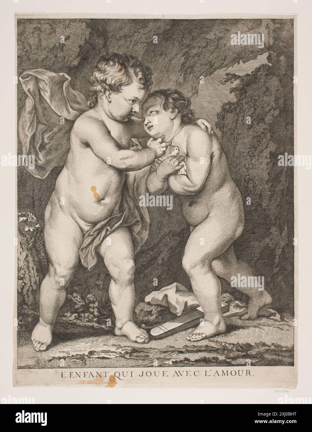 L'enfant jouant avec amour Clemens, J.F. 1748 - 1831, Daullé, Jean 1703 - 1763 gravure sur cuivre, impression Johan Frederik Clemens : skitseret som Konstner og Menneske, J.C. Fick, omt. p. 4, 2174, 1851. J.F. Clemens : Biografi samt Fortegnelse sur hans Kobberstik. Avec un résumé francais, Leo Swane, NR. 9 og omt. P. 92, 9968, 1929 L'enfant qui joue avec l'amour Banque D'Images