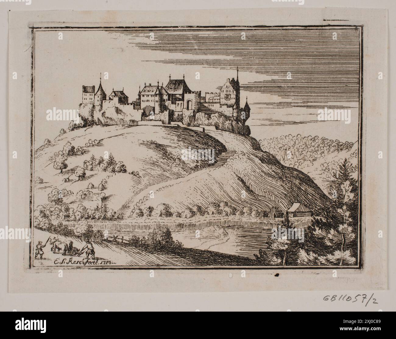 Gravure de Bjergby par Erasmus Sigismund Resch (1728-1797), documentée dans les collections danoises de gravures sur cuivre, gravures et illustrations de Frederik G. Krohn, 1889. Banque D'Images