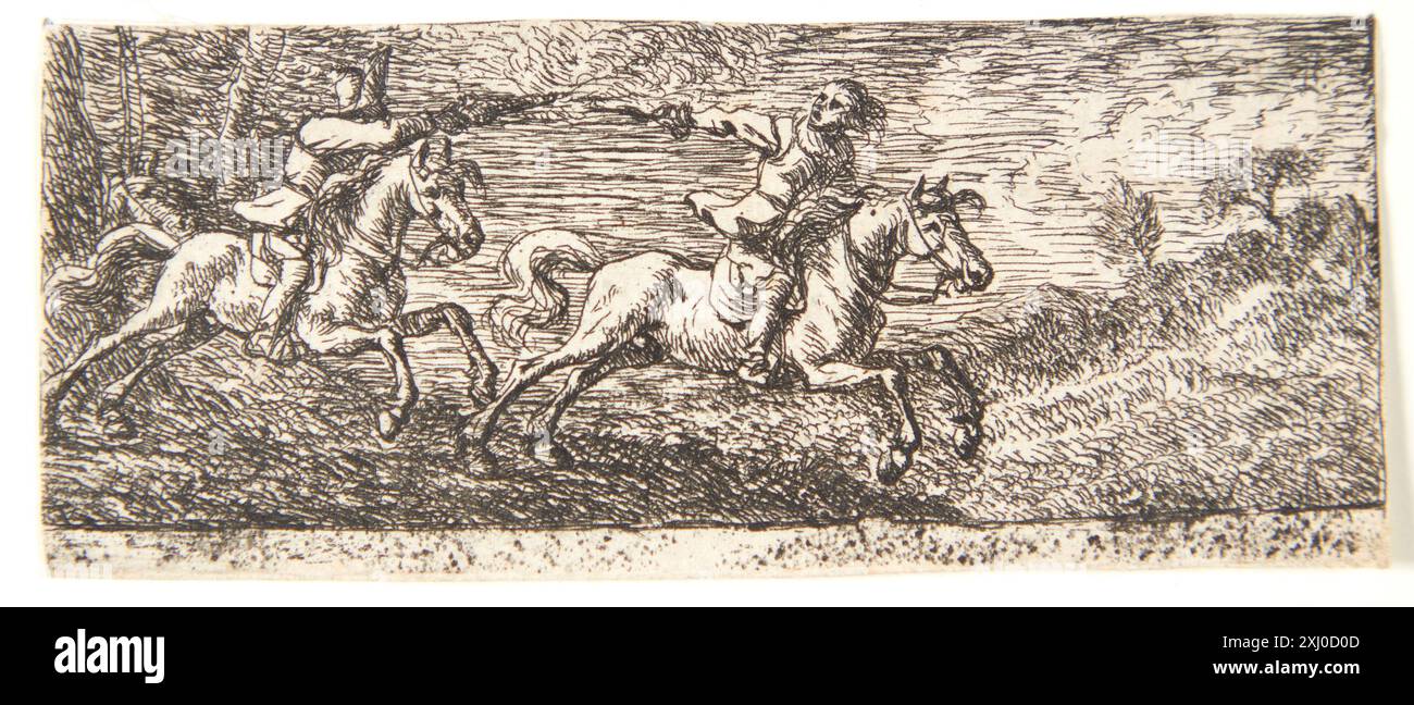 Gravure de Pieter van Laer (1598-1641) représentant deux cavaliers combattant à cheval, illustrant des scènes équestres et de genre hollandaises et flamandes du XVIIe siècle. Banque D'Images