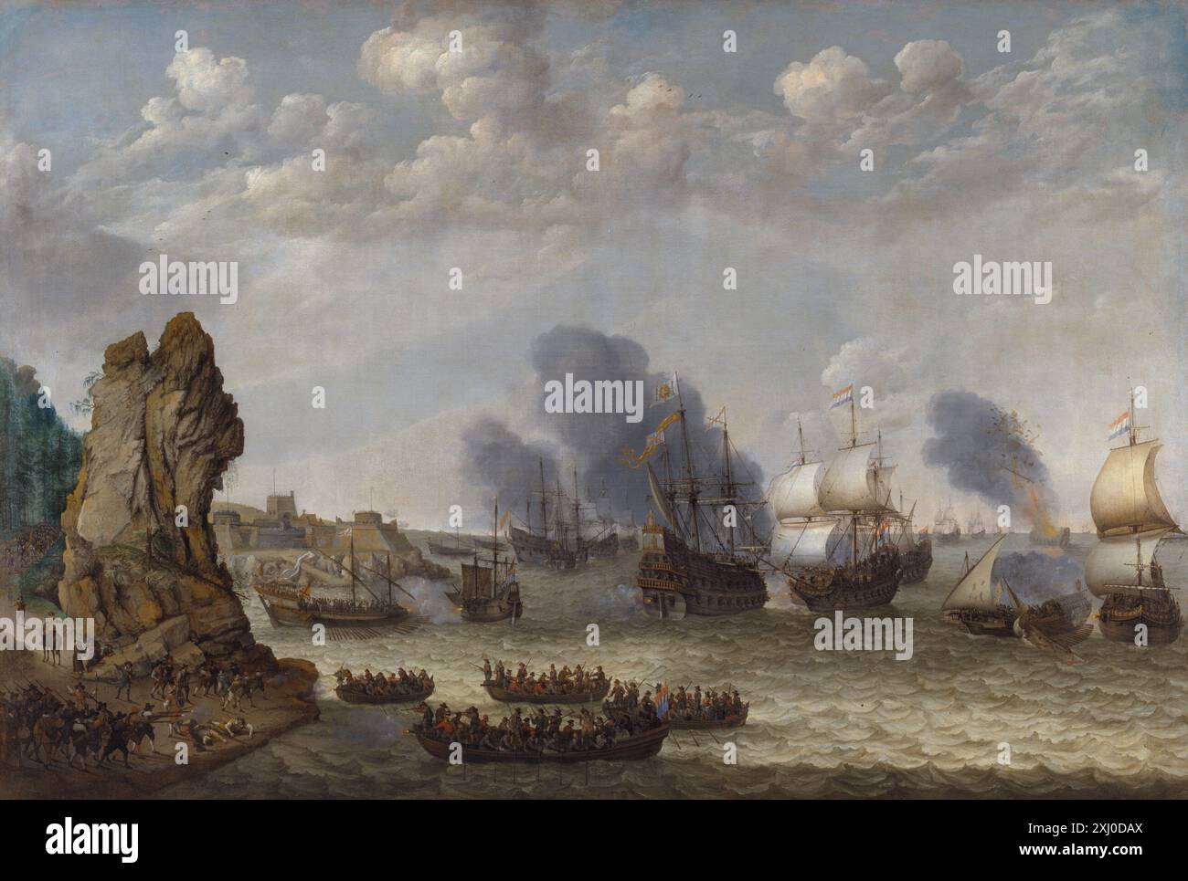 Peinture néerlandaise du XVIIe siècle d'Abraham Willaerts (1603-1669) représentant une bataille côtière entre les forces espagnoles et le débarquement des soldats néerlandais, avec des navires, des vagues et une action militaire. Banque D'Images