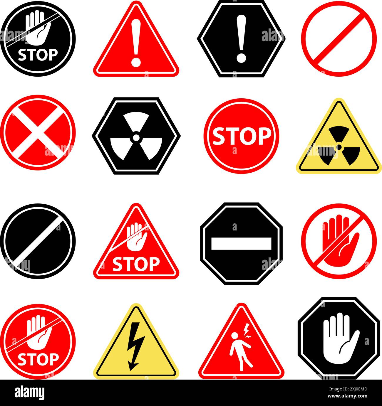 Attention, avertissement, signalisation de danger, panneau STOP, symbole de main d'arrêt, symbole d'avertissement de risque d'électrocution symboles de rayonnement jeu. Illustration de Vecteur