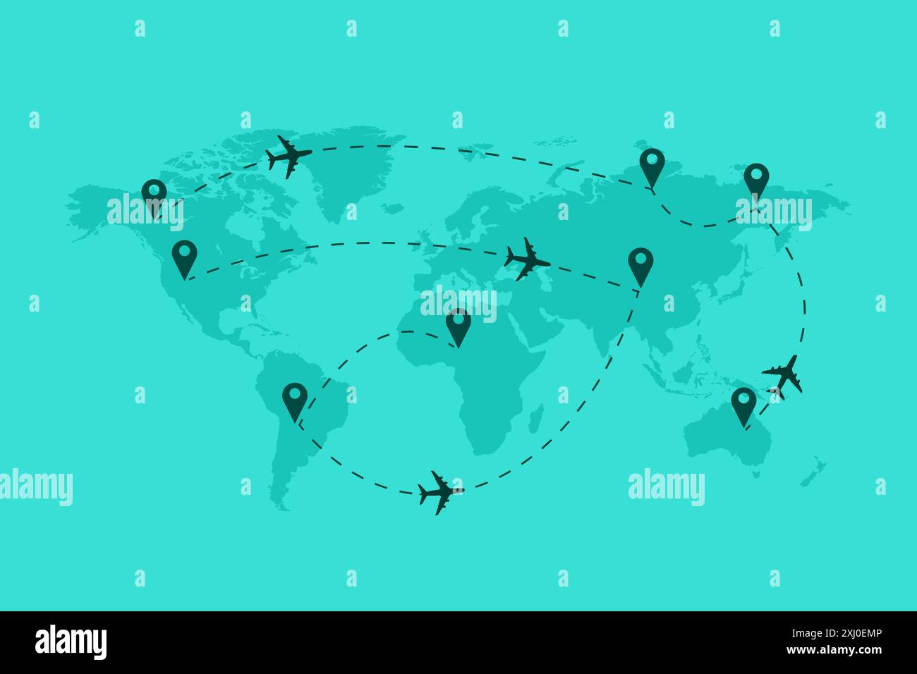 Fond vectoriel de carte du monde avec avion, lignes pointillées et icônes d'emplacement, autour du monde via le concept de voyage d'avion. Illustration de Vecteur