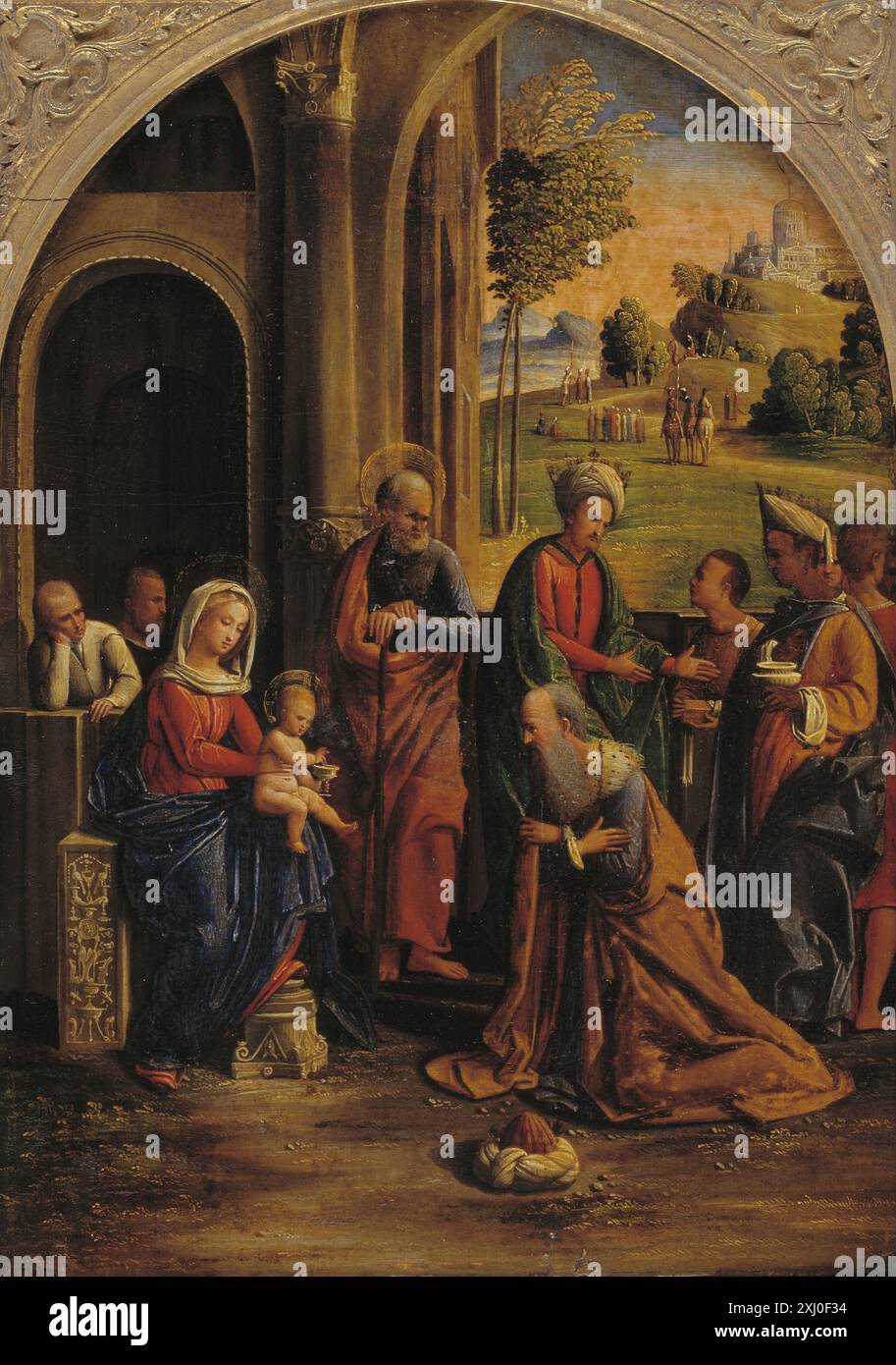 Peinture Renaissance d'Ortolano (1487-1525) et Benvenuto Tisi da Garofalo (1481-1559) représentant l'Adoration des Rois, montrant des figures, des cadeaux et un cadre architectural. Banque D'Images
