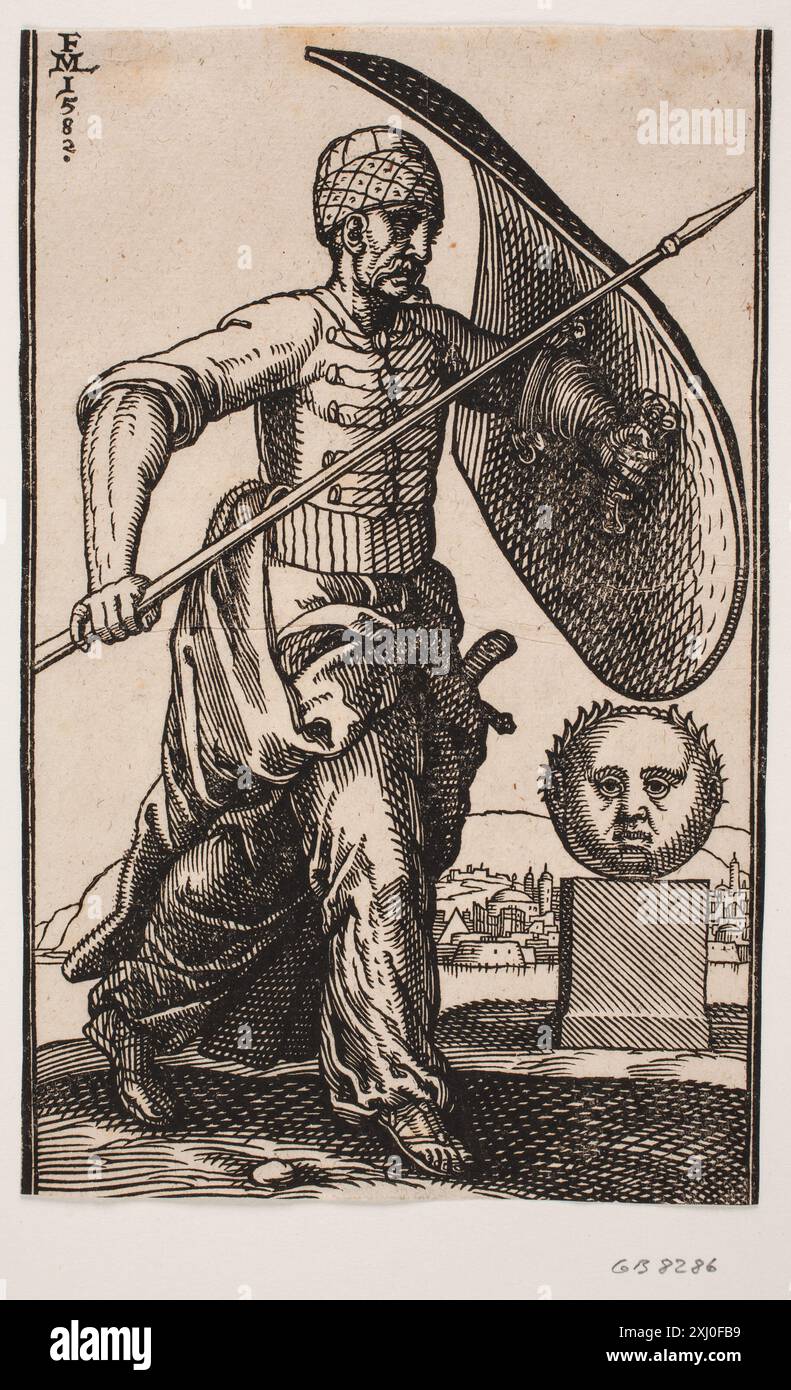 Gravure sur bois de Melchior Lorck (1526–1583) représentant un soldat marchant avec une lance et un bouclier incurvé, un piédestal avec une sphère et un paysage urbain lointain au bord de l'eau, mettant l'accent sur la composition et les détails historiques. Banque D'Images