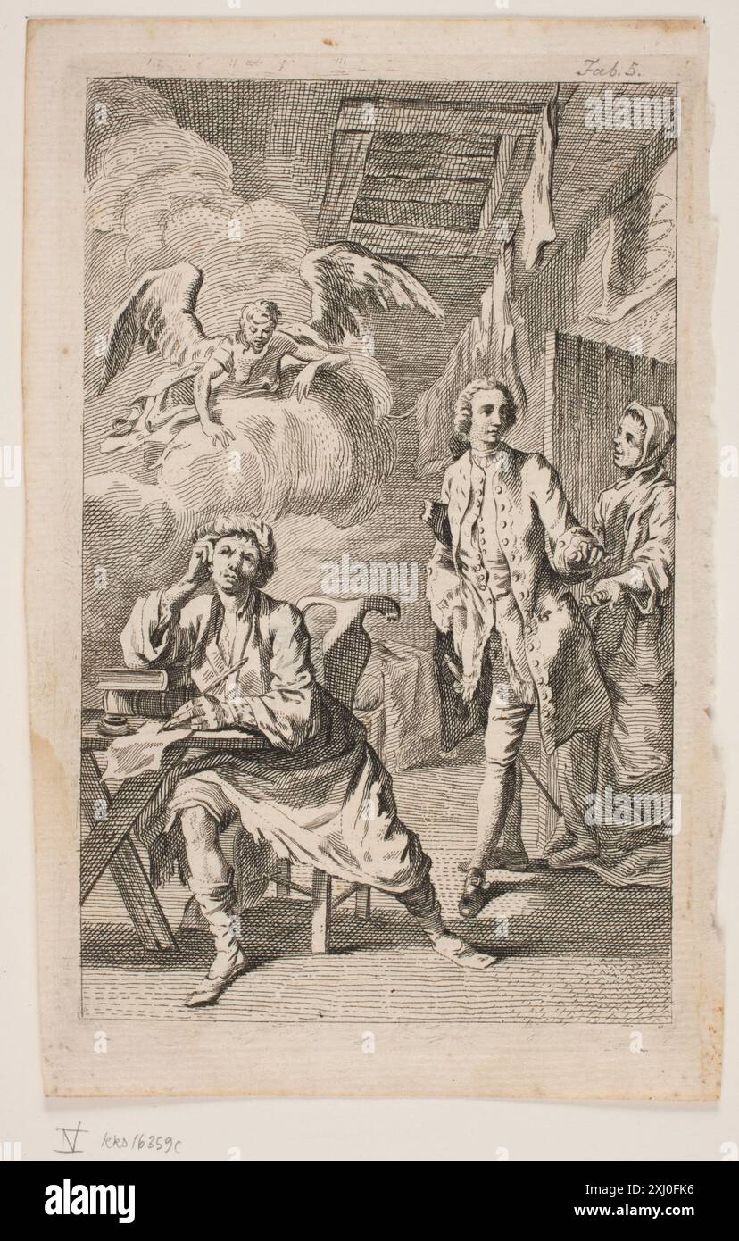 Le poète et ses vibrateurs von Lode, Alexia 1737 - 1765, Grignion d.Æ., Charles 1717 - 1810, Hayman, Francis 1708 - 1776, Møller, Nicolaus 1733 - 1806, Moore, Edward 1712 - 1757 gravure, impression Samlinger til en beskrivende Fortegnelse over danske kobberstik, raderinger, illustrationer M., Frederik G. Krohn, NR. 98,1, d 3448, 1889 Poeten og hans Velyndere Banque D'Images