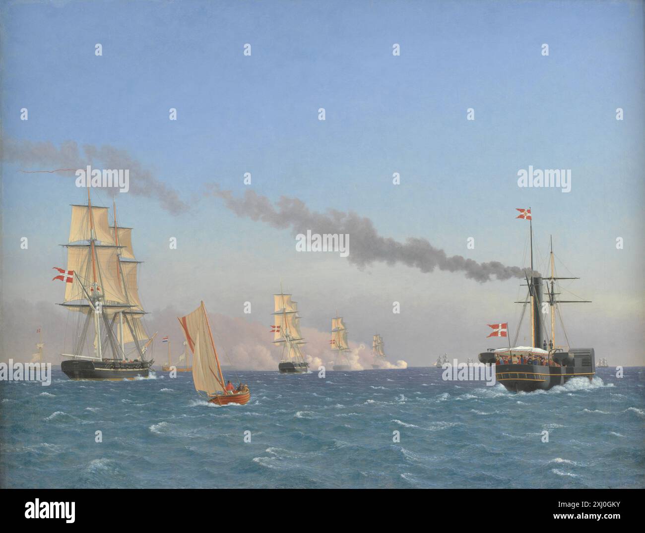 Une peinture de C.W. Eckersberg montrant le roi Christian VIII à bord du navire à vapeur Ægir observant les manœuvres navales d'un escadron près de Copenhague. L'œuvre rend compte de l'activité maritime danoise du XIXe siècle et de la présence royale. Banque D'Images