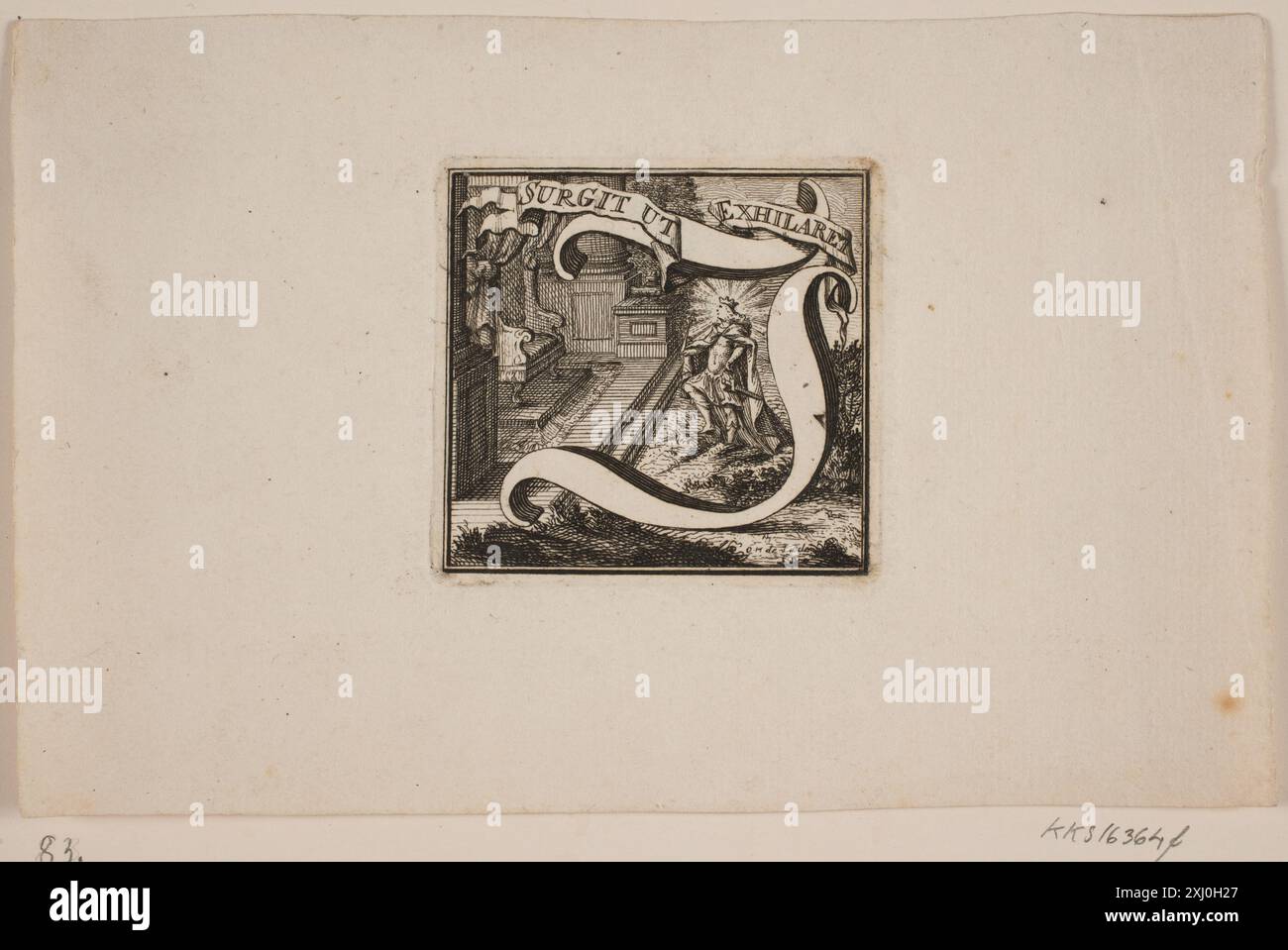 Gravure montrant la conception initiale de la lettre pour Frederik IV's Salving Act par Odvardt Helmoldt Lode, illustrant des motifs décoratifs et la calligraphie. Banque D'Images