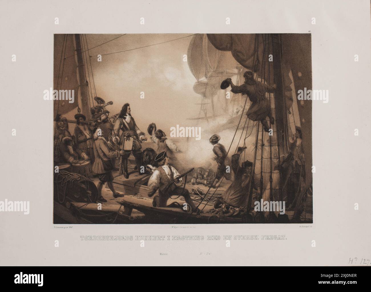 Lithographie d'Adolph Kittendorff et Niels Simonsen représentant l'officier de marine Tordenskjold engagé dans le combat avec une frégate suédoise, mettant en évidence la guerre navale du XVIIIe siècle et les détails du navire. Banque D'Images