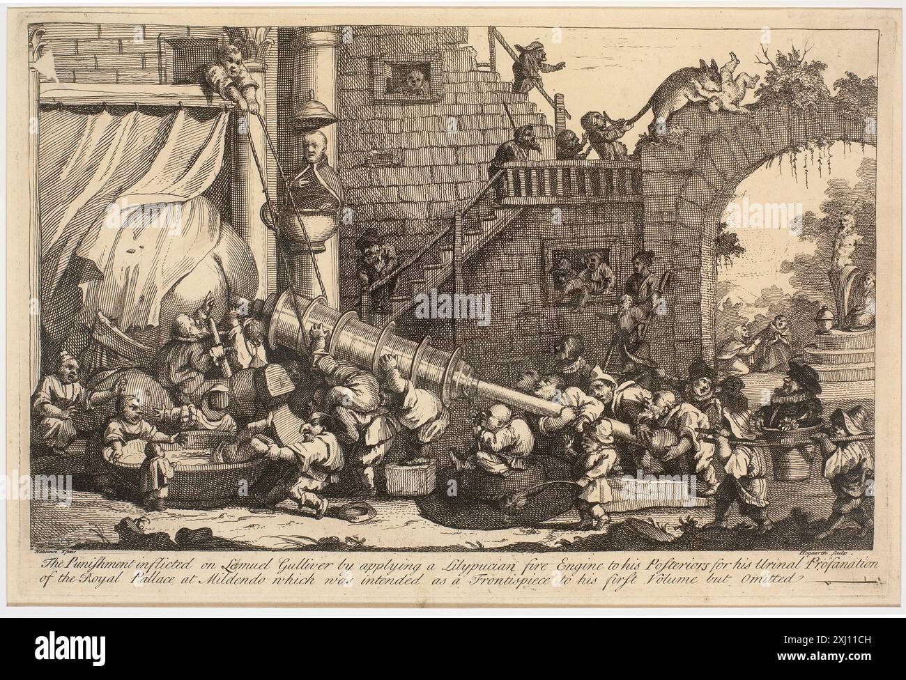 Gravure sur cuivre de William Hogarth (1697-1764) représentant la punition de Lemuel Gulliver, illustrant la gravure anglaise et la scène narrative du XVIIIe siècle. Banque D'Images