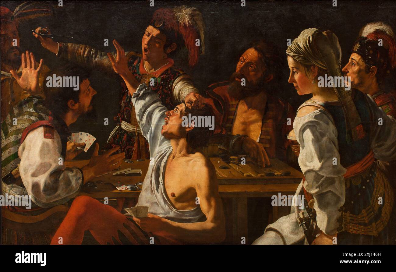 Joueurs de cartes et de Backgammon. Fight Over Cards Rombouts, Theodoor 1597 - 1637, Caravaggio, Michelangelo Merisi da 1571 - 1610, Gentileschi, Orazio 1563 - 1639 peinture Barok. 1600-tallets Kunst i SMK's Samlinger, Eva de la Fuente Pedersen, omt. p. 121, conf. p. 123, katalog p. 213, 2023. Caravaggio und die Niederländer, Arthur von Schneider, p. 107 note 9, 11338, 1933. Den kongelige Malerisamlings Tilblivelse, Peter Hertz, p. 363, afb. p. 364, 15619, 1924. Caravagisme et le caravagisme européen : tome II catalogue, George Isarlo, vol. II : p. 212, 17685, 1941. Peintures flamandes : 1600 - 1800, Olaf Koe Banque D'Images