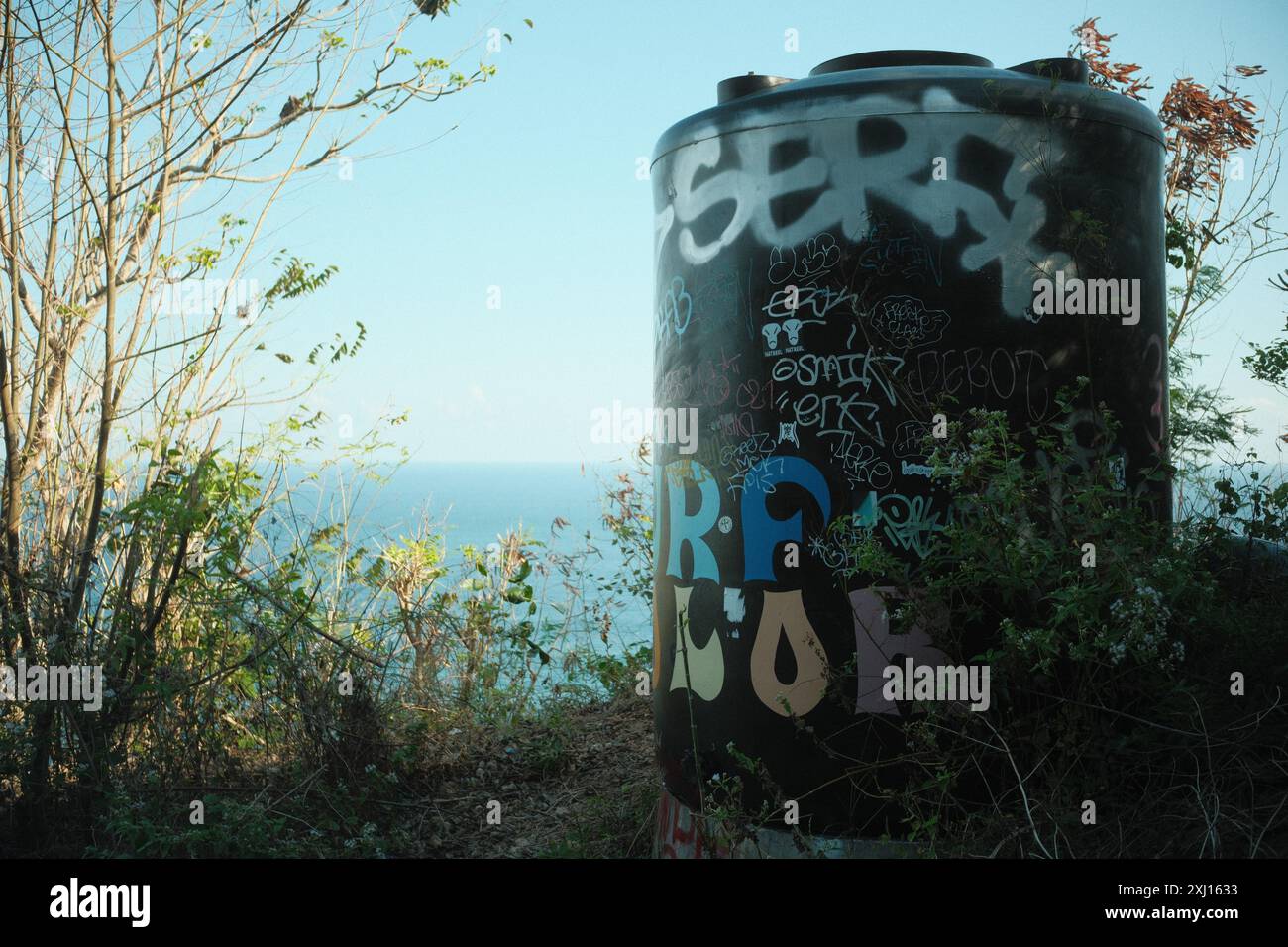 Pecatu, Bali, Indonésie - 15 juillet 2024 : graffiti sur un réservoir d'eau de stockage surplombant la mer à des fins d'approvisionnement en eau Banque D'Images