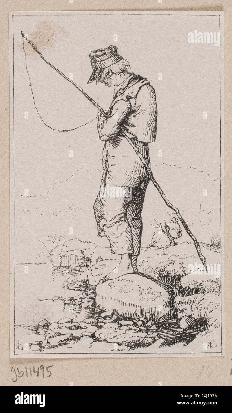 Gravure sur bois représentant un paysan pêcheur, créée par Axel Theodor Kittendorff et Adolph Kittendorff. Banque D'Images
