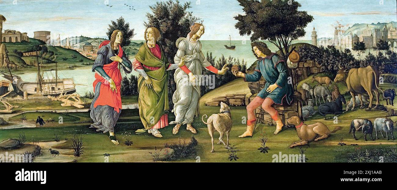 Le jugement de Paris de Botticelli est une peinture de la Renaissance représentant la scène mythologique où Paris, prince troyen, est chargé de choisir la plus belle des trois déesses : Héra, Athéna et Aphrodite Banque D'Images