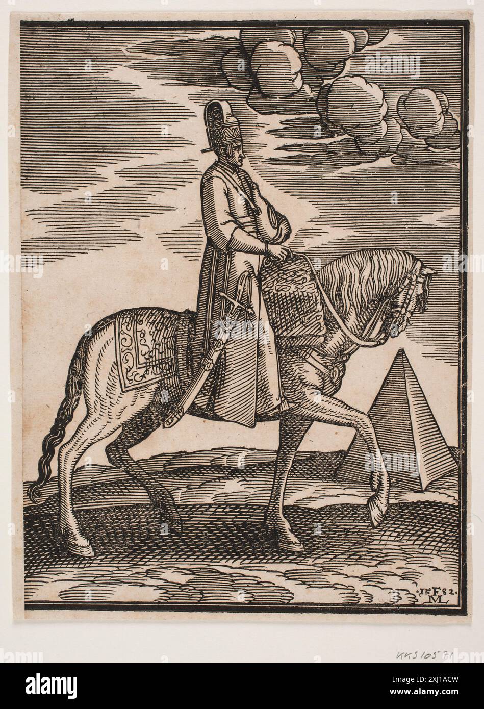 Cavalier avec un flacon autour du cou, profil vers la droite ; une épée à sa droite et un bagage devant lui, drapé sur la selle ; à droite, dans le fond, une pyramide Lorck, Melchior 1526 - 1583 gravure sur bois, Print Melchior Lorck, Erik Fischer, la publication turque no. 81, C 46095, 2009. Gravures, gravures et gravures allemandes de Hollstein 1400-1700 (vol. XXII), Johann Leipolt à Melchior Lorch, Robert Zijlma, vol. XXII, NR. 59, 46482, 1978 Rider avec un flacon autour de son cou, profil vers la droite, une épée à son côté droit et des bagages devant lui, drapés à travers les s. Banque D'Images