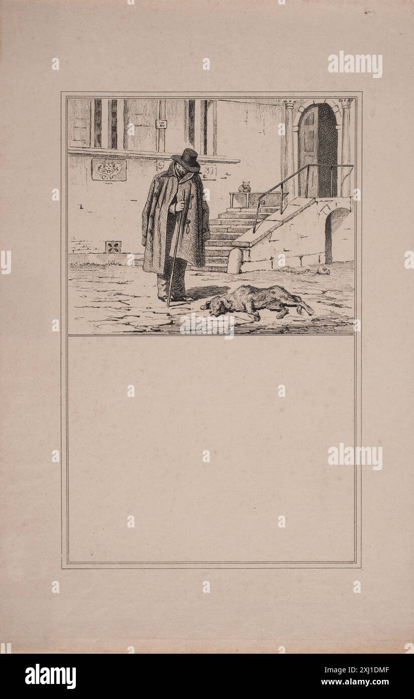 Lithographie montrant un chien mort, produite comme test de tirage par Adolph Kittendorff et Martinus Rørbye pour une série d'illustrations pour enfants. Banque D'Images