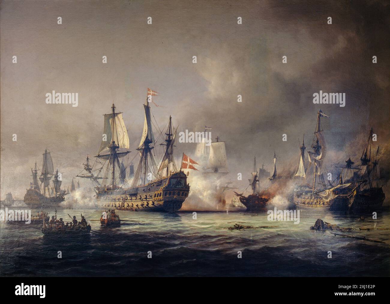 Anton Melbye (1818–1875) peint un épisode de bataille maritime dans la baie de Køge, 1677, montrant des navires, des marins, de la fumée, tir de canon et eau turbulente pendant l'engagement naval. Banque D'Images
