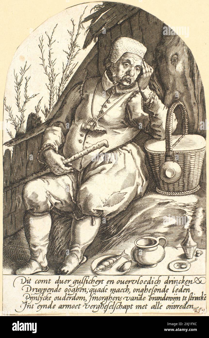 Gravure sur cuivre montrant un agriculteur dans une représentation satirique de l'ivresse, créée par Pieter Goos et Hendrick Goltzius. Banque D'Images