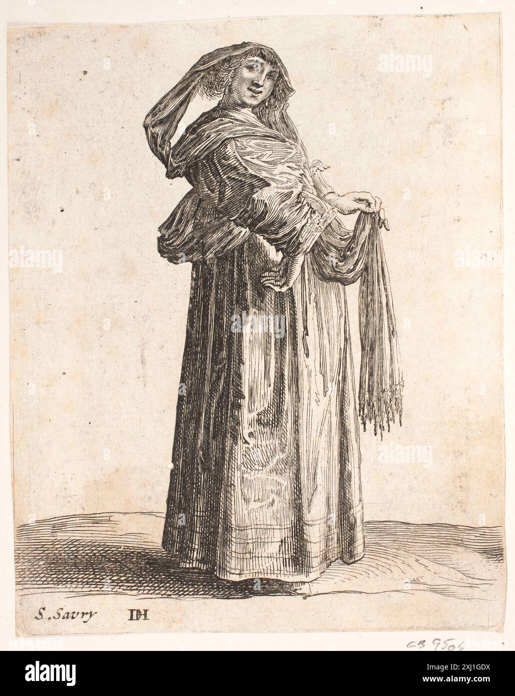 Femme debout dans le profil droit. Tête tournée vers l'avant. Port d'une écharpe dans les cheveux Savery, Salomon 1594 - 1683, Hals, Dirck 1591 - 1656 gravure, impression Hollstein's Dutch and Flemish gravings, gravures et gravures sur bois 1450-1700 (vol. XXIV), Salomon Savery - Gilles van Scheyndel, K. G. Boon, p. 25, NR. 46, C 38945, 1980 femme debout dans le profil droit. Tête tournée vers l'avant. Porte une écharpe dans les cheveux Banque D'Images