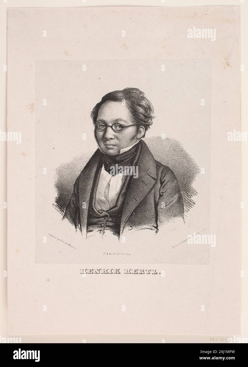 Lithographie de David Monies (1812-1894), publiée par C.A. Reitzels Forlag (1819-1895), représentant le portrait du poète danois Henrik Hertz. Banque D'Images