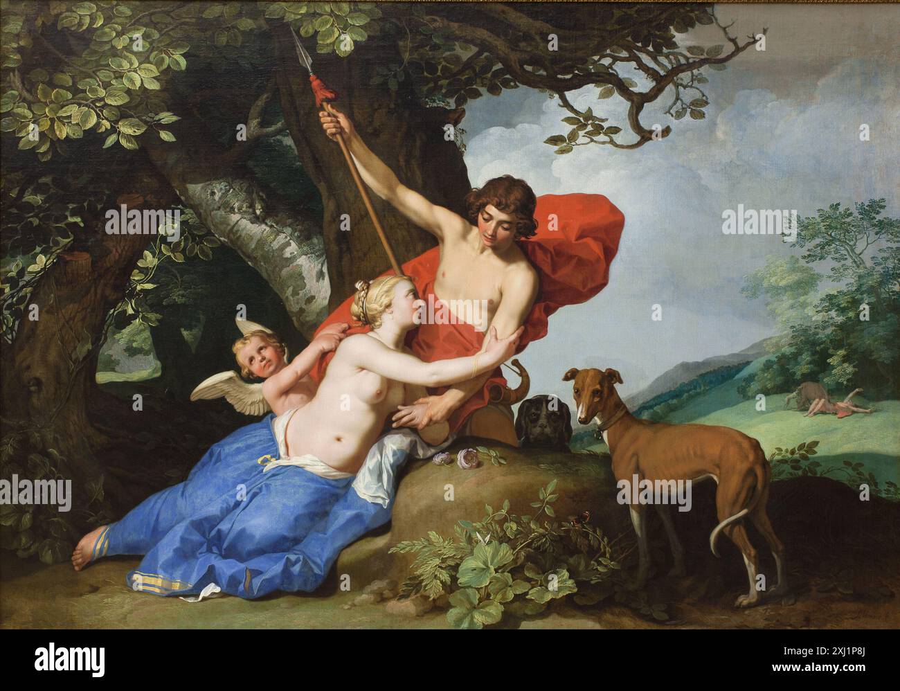 Tableau mythologique d'Abraham Bloemaert (1566-1651) représentant Vénus en deuil d'Adonis, situé dans un paysage boisé avec des figures rendues dans le style maniériste et la composition classique. Banque D'Images