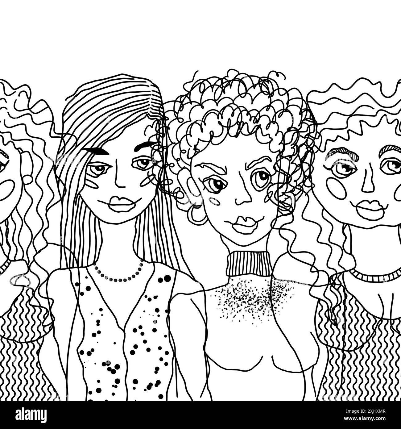 Dessin artistique en noir et blanc de quatre femmes uniques et élégantes avec différentes coiffures et expressions. Banque D'Images