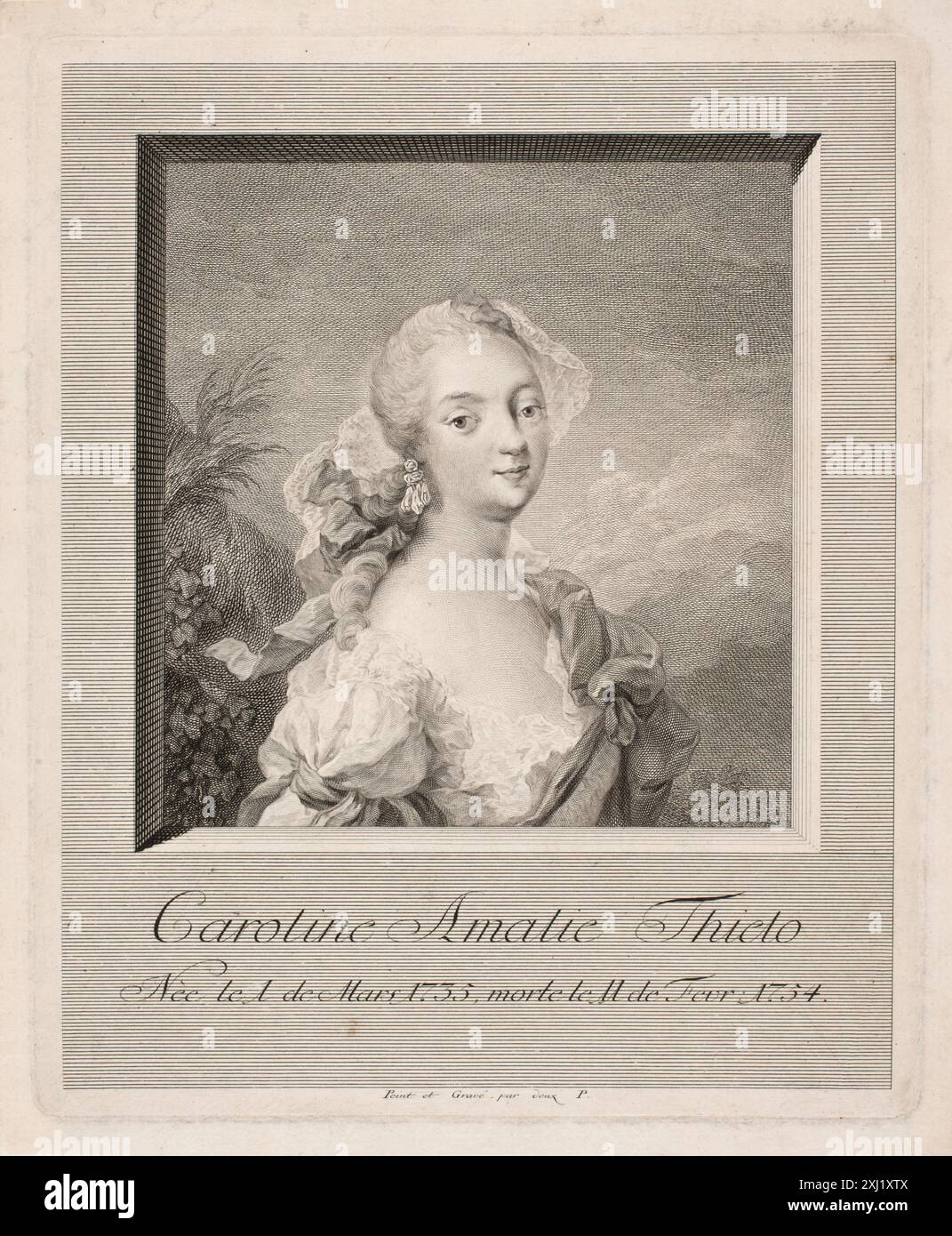 Actrice Caroline Amalie Thielo Preisler, Johan Martin 1715 - 1794, Pilo, C.G. 1711 - 1793 gravure sur cuivre, impression Danske portrætter i kobberstik, litografi og træsnit : en beskrivende fortegnelse, P.B.C. Westergaard, NR. 11793, C 3997:1-2 da, 1930-1933. Samlinger til en beskrivende catalogue sur Portraiter af Danske, Norske og Holstenere, A Strunk, NR. 2891a, 41322, 1865. Drømmebilleder, Charlotte Christensen, afb. P. 193, 2016 Skuespillerinden Caroline Amalie Thielo Banque D'Images