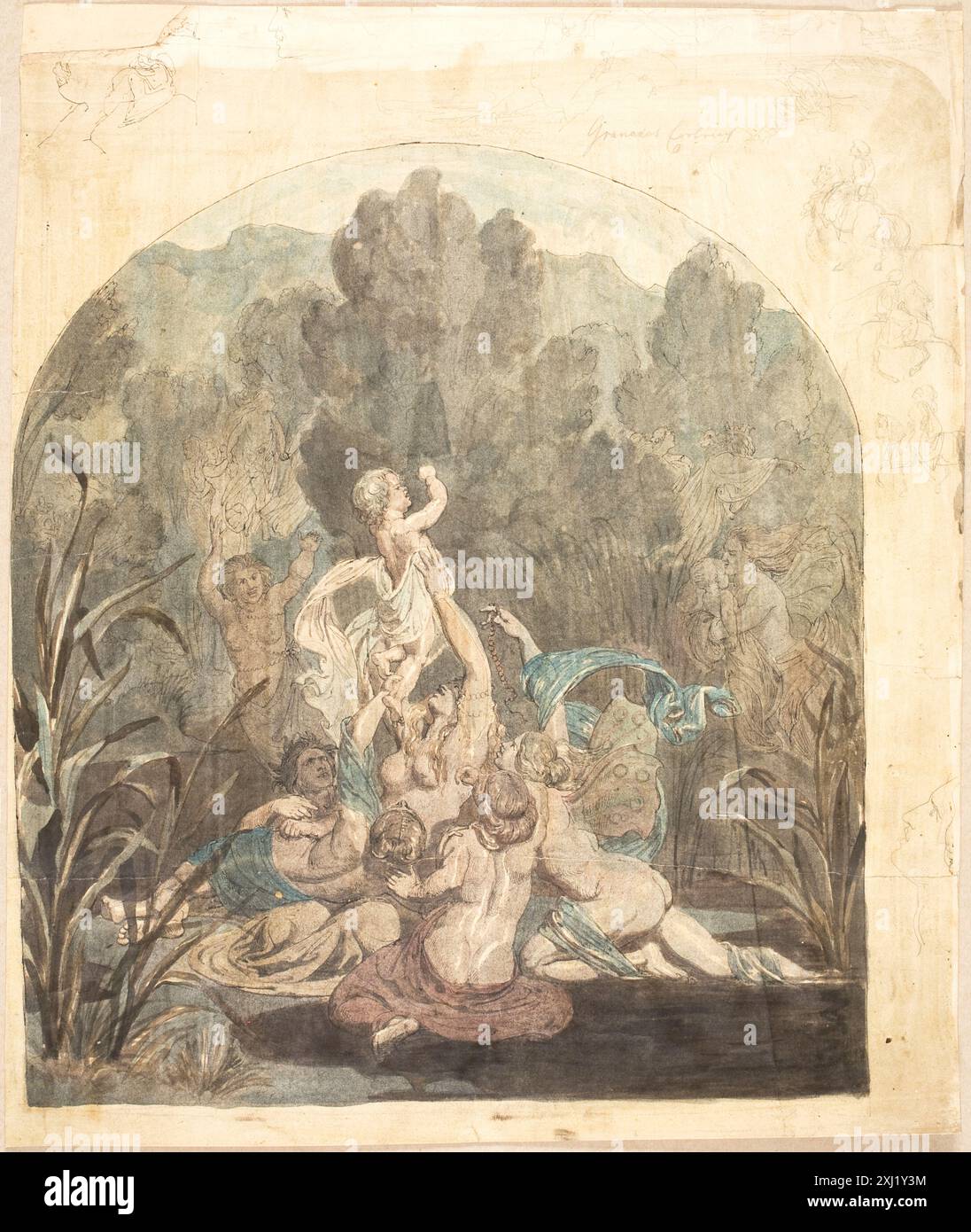 Aquarelle et dessin avec des motifs mythologiques, montrant le paysage, des figures de chevaux et un visage de profil dans la marge. Banque D'Images