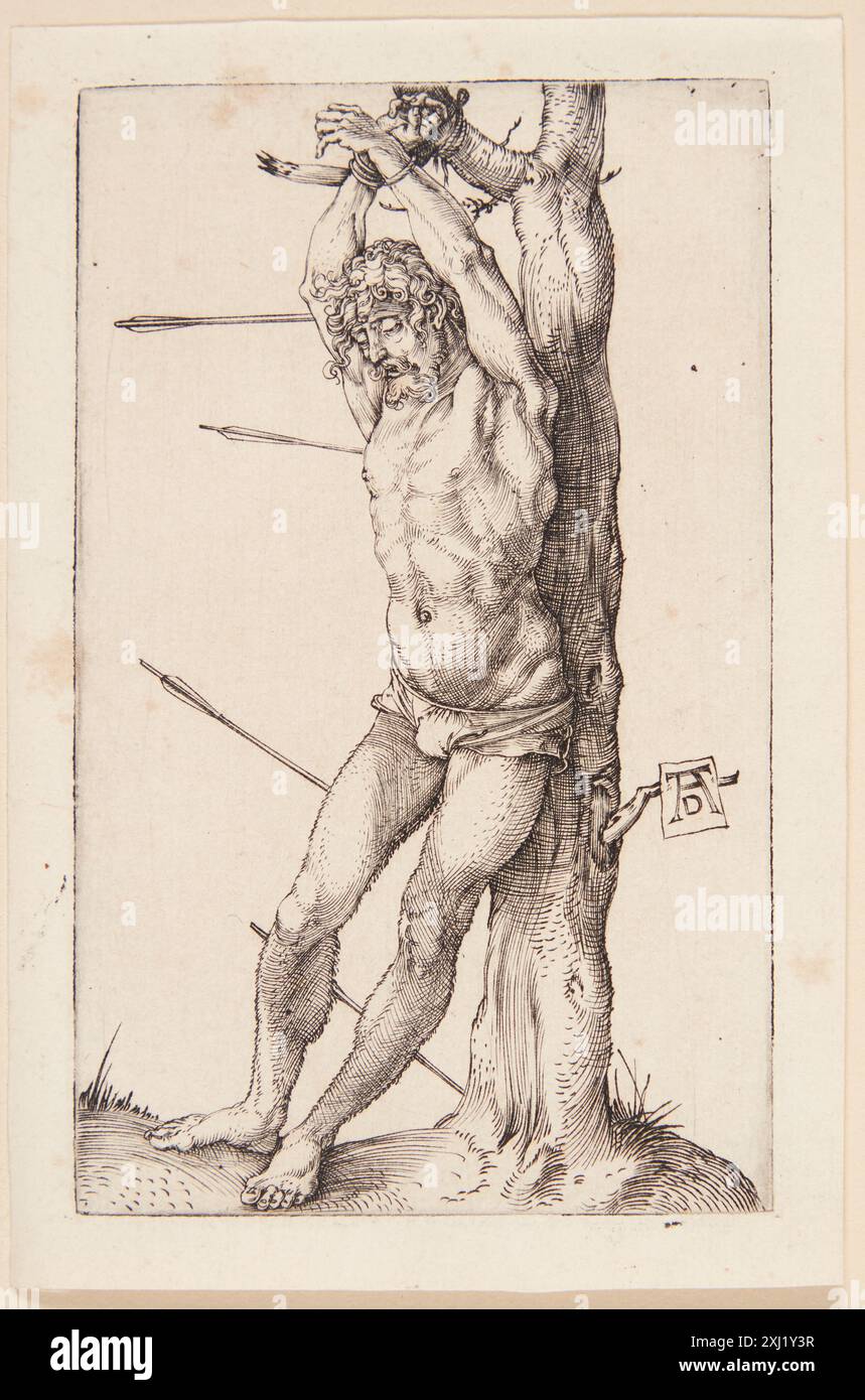 Sebastian at the tree Dürer, Albrecht 1471 - 1528 gravure sur cuivre, Print Dürer-Katalog : ein Handbuch über Albrecht Dürers Stiche, Radierungen, Holzschnitte, deren Zustände, Ausgaben und Wasserzeichen, Joseph Meder, NR. 62a, 11088, 1932. Albrecht Dürer : 1-2, Erwin Panofsky, vol. II, NR. 162, 16666, 1945. The Illustrated Bartsch 10, XVIe siècle German Artists, Albrecht Dürer : Albrecht Dürer, Walter L. Strauss, 55, C 36179, 1980. Kritisches Verzeichnis der Werke Albrecht Dürers, H. Tietze, NR. W 50, C 3295, 1928-1938. Albrecht Dürer : das druckgraphische Werk, Rainer Schoch, NR. 30, k2 Banque D'Images