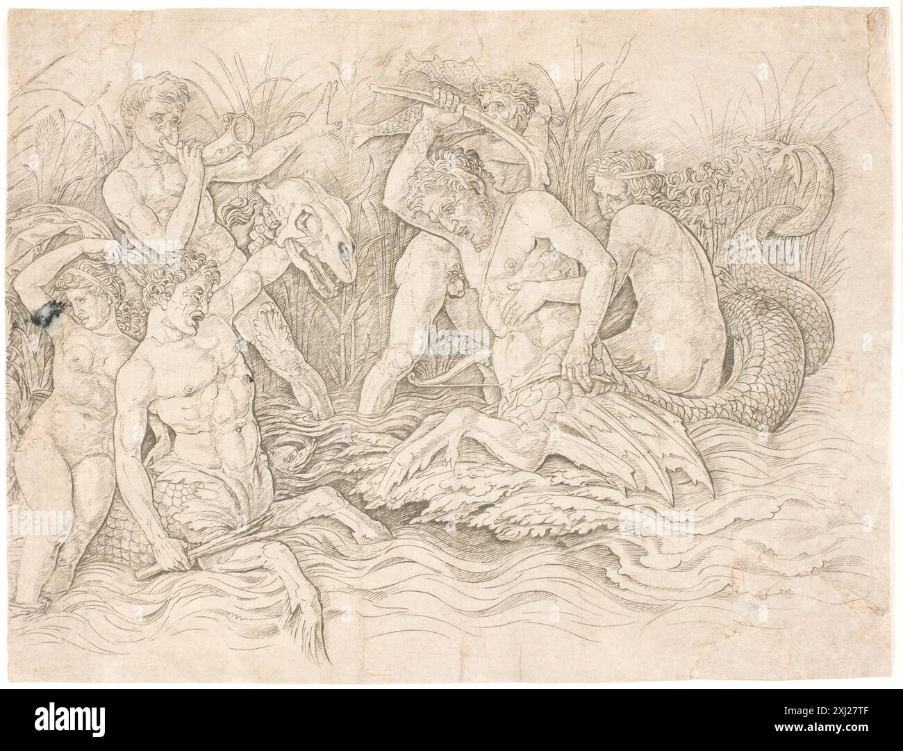 Gravure sur cuivre d'Andrea Mantegna montrant la moitié droite d'une scène de bataille maritime, faisant partie des premières estampes italiennes représentant des guerriers et des combats navals. Banque D'Images