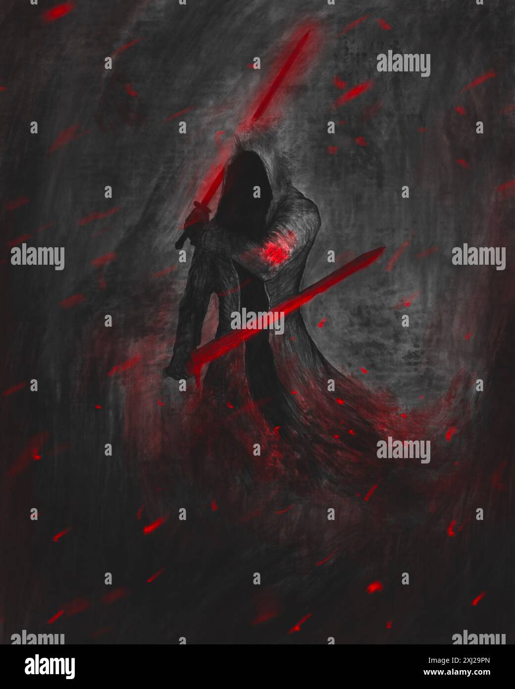 Illustration de chevalier sombre, personnage avec deux épées rouges, collection de monstres sombres Banque D'Images