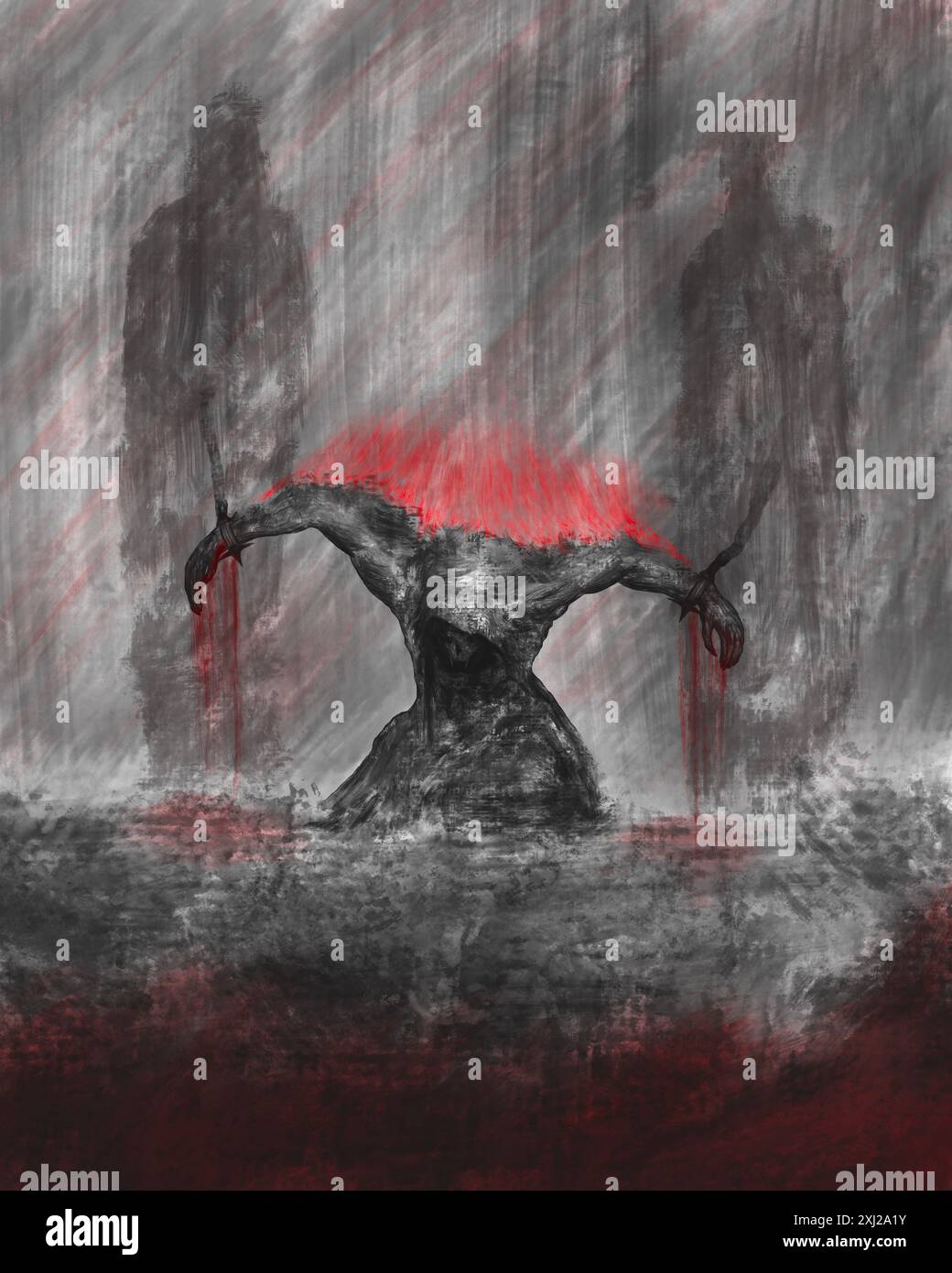 Prisonniers, illustration d'horreur sombre, personnage prisonnier, couverture d'album en métal noir brut, illustration de livre Banque D'Images