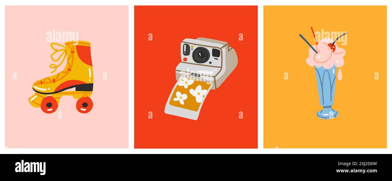 Ensemble de dessin animé rétro d'été 80s-90 éléments de snostalgia. Ensemble de collection Icons rétro dessinés à la main avec téléphones rétro, patins à roulettes, glace et vintage Illustration de Vecteur