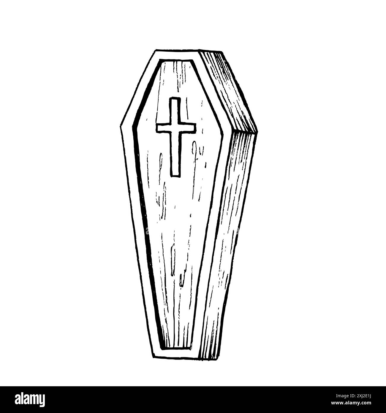 Cercueil en bois vecteur avec une croix. Illustration linéaire peinte à la main. Art graphique monochrome pour tatouage, symbole de la mort, halloween, horreur. Isolé o Illustration de Vecteur