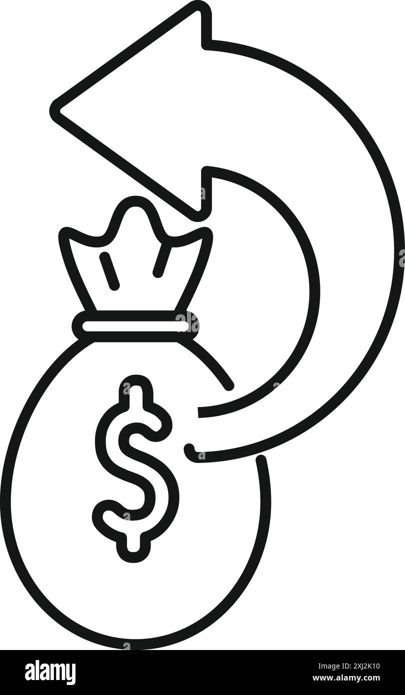Illustration au trait d'un sac d'argent avec une flèche rotative représentant les flux de trésorerie, les investissements et la circulation financière Illustration de Vecteur