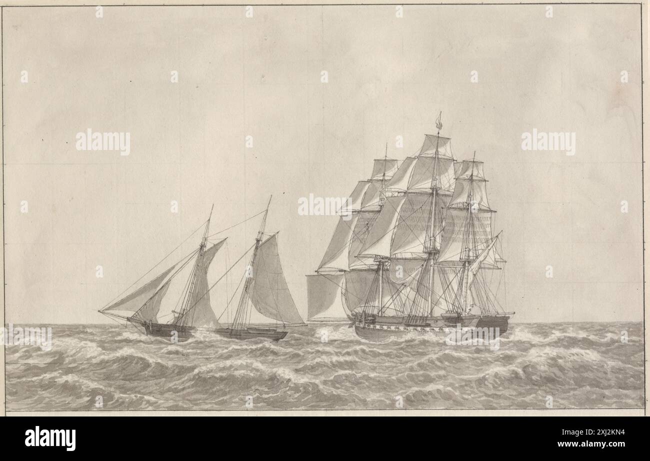 Dessin de C.W. Eckersberg représentant une goélette dépassant une frégate poursuivant, montrant les voiles, le gréement, l'eau et l'action maritime. Banque D'Images