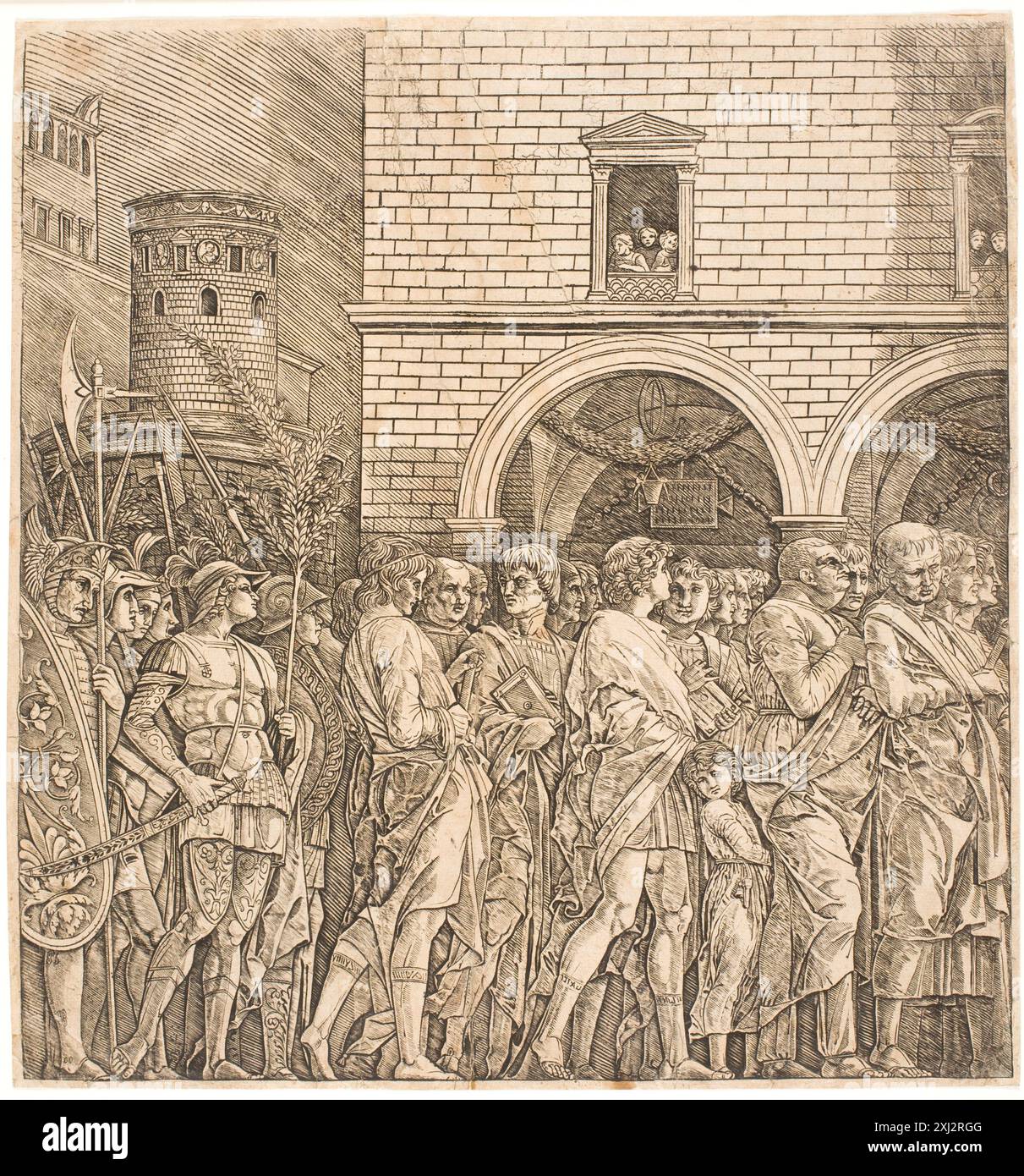 La gravure sur cuivre de Mantegna représente le Sénat romain observant un triomphe, montrant des sénateurs, des cortèges, des éléments architecturaux et des détails cérémoniels dans l’Italie de la Renaissance. Banque D'Images