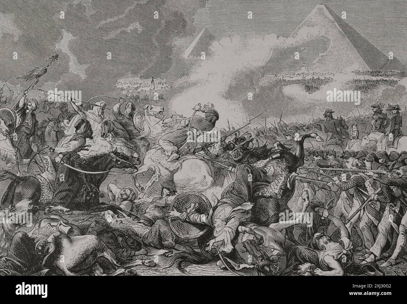 Guerres napoléoniennes. Invasion française de l'Egypte (1798-1801). Bataille des Pyramides (21 juillet 1798). L'armée française sous Napoléon Bonaparte a vaincu les troupes mamelouks locales. Charge des Mamelouks à la bataille des Pyramides. Gravure de Pontenier. "Histoire de la Révolution française". Volume I, 2e partie, 1879. Banque D'Images