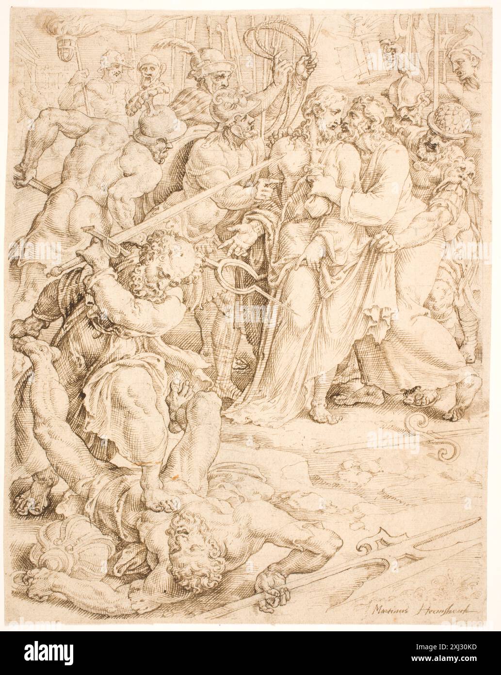 Christ Betrayed Heemskerck, Maarten van 1498 - 1574 dessin Tegninger af Maerten van Heemskerck : Illustreret Katalog, Jan Garff, 8 (afb.), 42279, 1971. Les eaux-fortes, gravures et gravures sur bois néerlandaises et flamandes de New Hollstein 1450-1700, Maarten van Heemskerck, partie I-II, Ilja M. Veldman, 287, 55173, 1993-1994. Martin van Heemskerck : ein Beitrag zur Geschichte des Romanismus in der niederländischen Malerei des XVI. Jahrhunderts, Leon Preibisz, 106, 3011, 1910. Øjenlyst II : 76 grafiske blade fra Den Kongelige Kobberstiksamling, Ubekendt, p. 13, k1998-406, 1998 Christ trahi Banque D'Images
