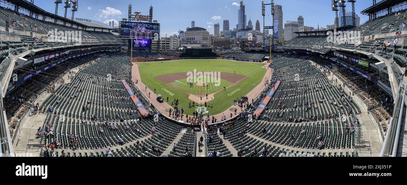 Detroit - 13 juillet 2024 : panorama du Comerica Park, stade des Detroit Tigers. Comerica Park a remplacé le stade Tiger en 2000. Banque D'Images