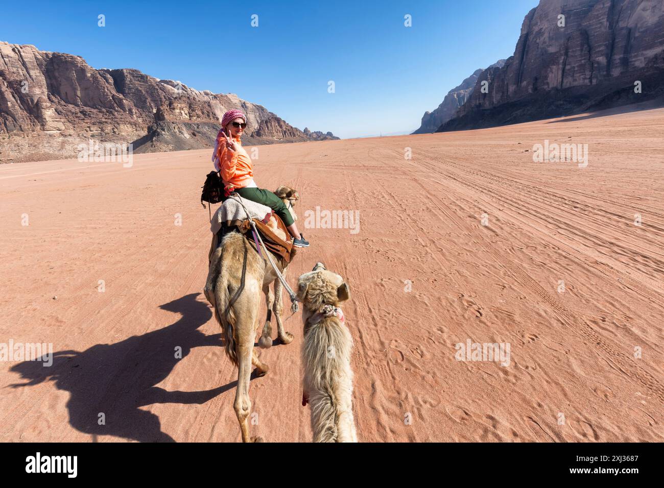 Femme touristique en vêtements arabes traditionnels avec chameau dans le désert du Sinaï, Charm el Cheikh, péninsule du Sinaï, Égypte. Banque D'Images