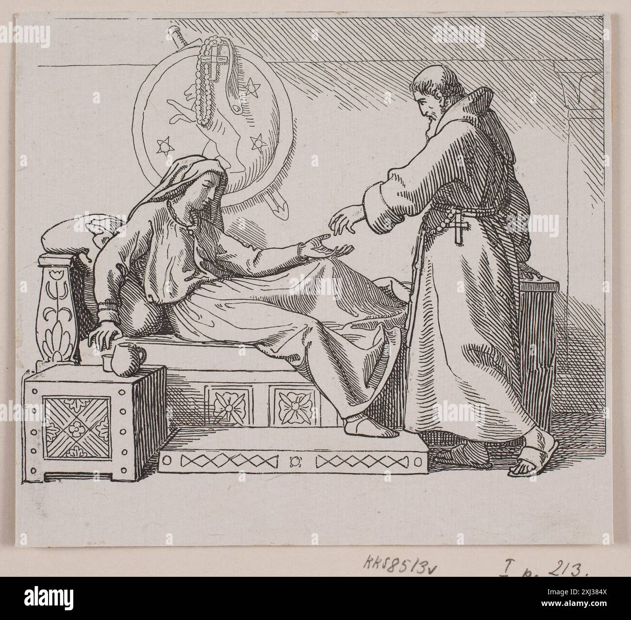 Une estampe en relief de Lorenz Frølich représentant l'expédition de Svend Tveskægs en Angleterre et la bataille de Svold, avec des navires, des soldats et des actions du récit historique. Banque D'Images