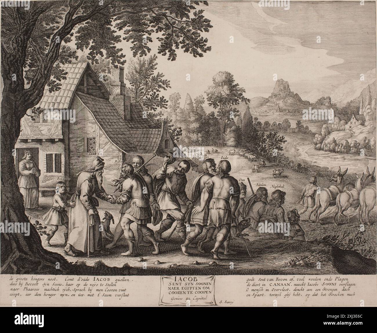 Gravure 'Jacob envoyant ses fils en Égypte' de Salomon Savery (1594-1683), incluse dans le catalogue Hollstein des gravures, gravures et gravures sur bois hollandaises et flamandes (1450-1700), documentée par K. G. Boon en 1980. Banque D'Images