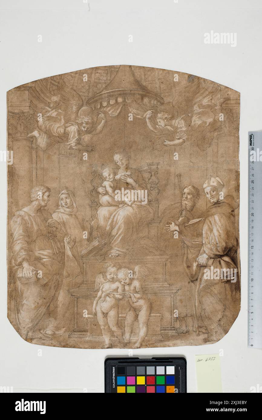 Dessin de Raphaël représentant la Vierge et l'enfant avec les saints Pierre, Bernard (ou Bruno), James, Augustin et quatre anges, créé entre 1483 et 1520. Banque D'Images