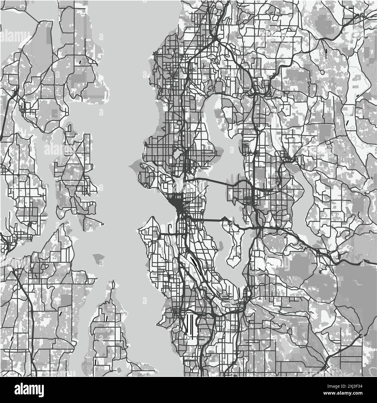 Carte de Seattle à Washington en niveaux de gris. Contient un vecteur en couches avec routes eau, parcs, etc Illustration de Vecteur