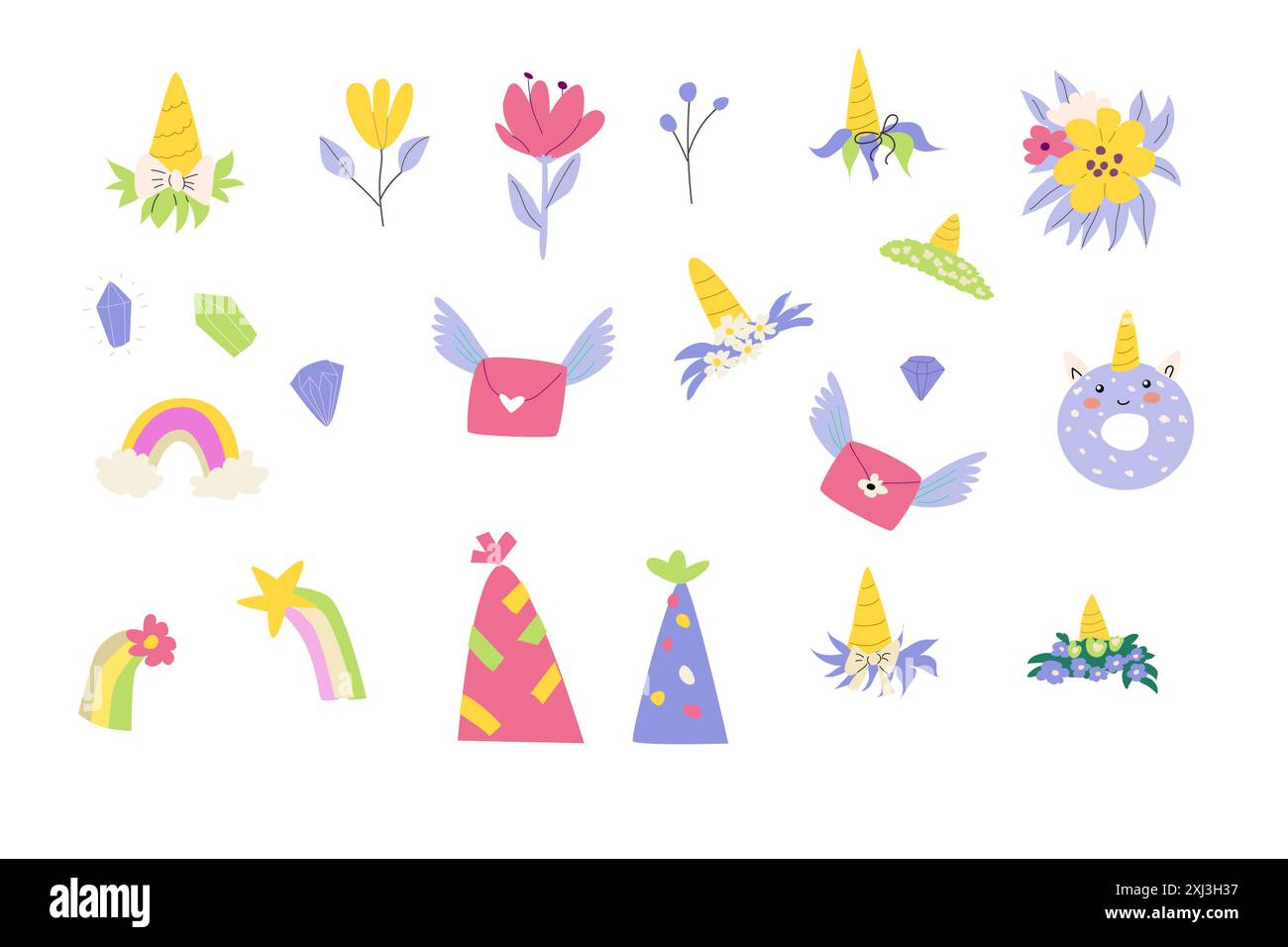 Ensemble d'éléments de fête d'anniversaire magique pour enfants. Isolé sur fond blanc. Chapeau de célébration, fleurs, courrier avec des ailes, décoration de cornes de licorne. Illustration de Vecteur