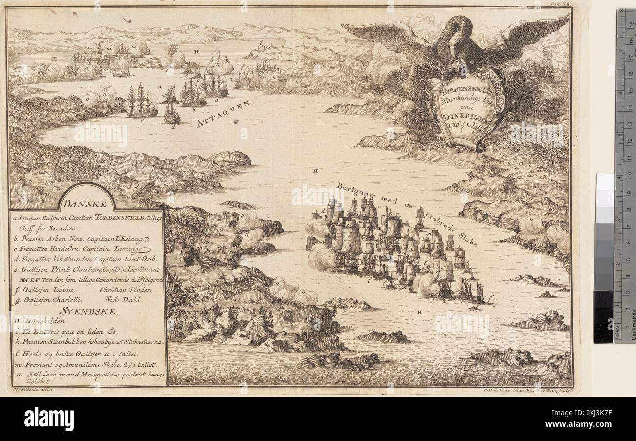 Cette gravure sur cuivre d'Odvardt Helmoldt de Lode représente l'action de Tordenskjold à Dynekilden en 1716, mettant en évidence des événements navals historiques et des personnages. Banque D'Images
