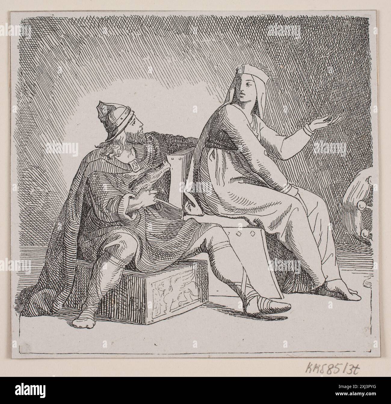 Une gravure en relief de Lorenz Frølich montrant le voyage de Svend Tveskægs en Angleterre et la bataille de Svold, mettant en vedette des navires, des soldats et des actions historiques. Banque D'Images