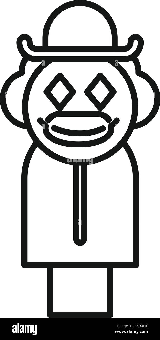 Dessin au trait noir et blanc d'une sucette à tête de clown portant un chapeau et souriant Illustration de Vecteur